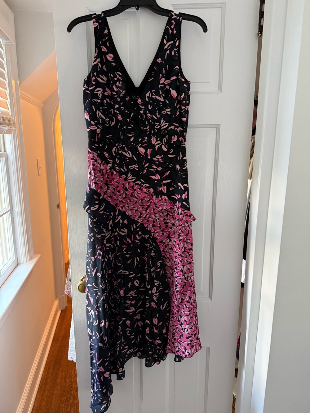 SALONI Black and Pink Floral Midi Dress